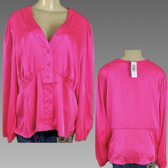 Torrid Tops - Torrid +5 Hot Pink Satin V-Neckline Button Down Fitted Waist Long Sleeve Blouse